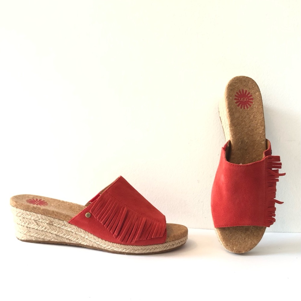 UGG Vibrant Chili Pepper Red Fringe Wedge Sandals